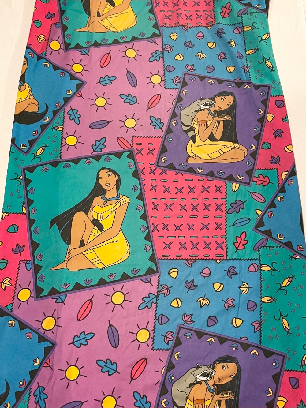VTG 90s Disney Pocahontas Twin Fitted Sheet Patchwork Kids Bedding Meeko